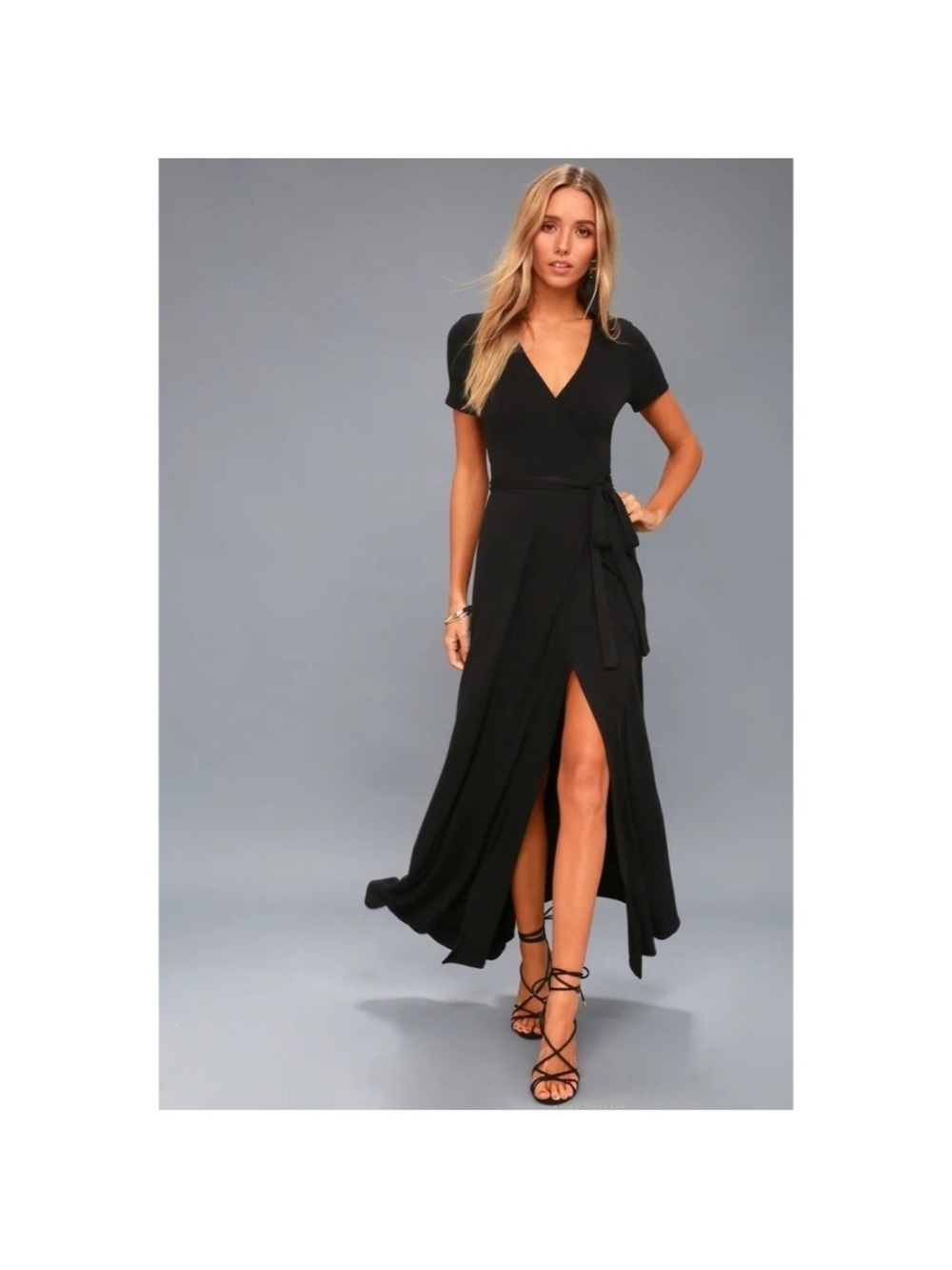 Lulu's Black Wrap Maxi Dress with High Slit